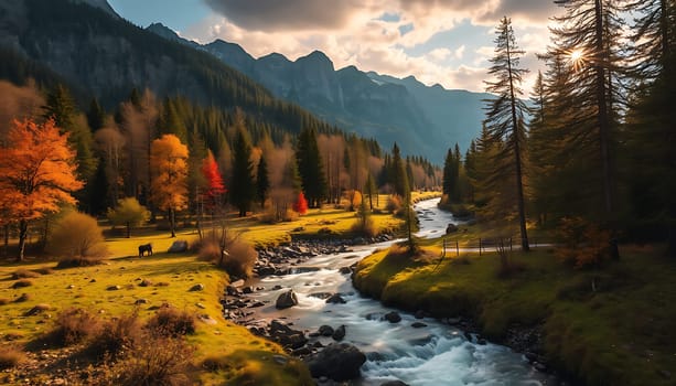 A scenic view of a mountain river flowing through a lush forest in autumn. The river is surrounded by vibrant foliage, with trees displaying various shades of orange, red, and yellow. The sunlight peeks through the branches, creating a warm and inviting atmosphere. The scene is perfect for showcasing the beauty of nature, the changing seasons, and the tranquility of a pristine environment. This image is ideal for use in travel brochures, nature documentaries, or as a backdrop for storytelling.