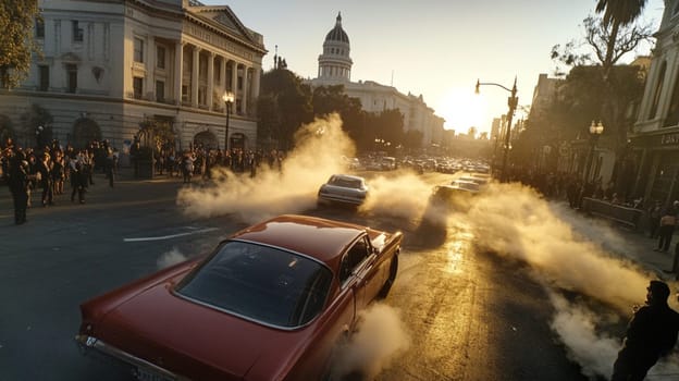 Powerful sports cars race through city streets at sunset, leaving a trail of smoke, thrilling spectators with high speed action