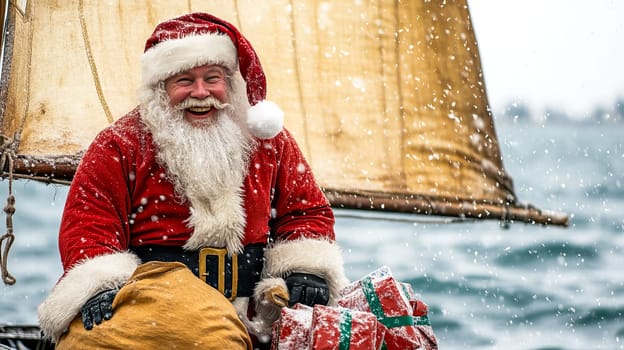 Santa Claus sailing on boat with sail with sack of presents. AI generated.