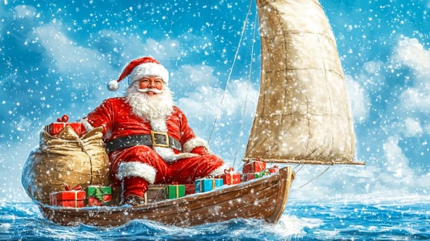 Santa Claus sailing on boat with sail with sack of presents. AI generated.