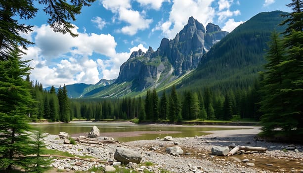 A breathtaking panoramic view of a serene lake nestled amidst towering mountains, showcasing the beauty of nature. The image captures the vastness and tranquility of the landscape, with lush green forests surrounding the water and the majestic peaks reaching towards the blue sky. This image is ideal for use in travel, nature, and outdoor-themed projects. It evokes a sense of peace and wonder, making it perfect for calendars, posters, or social media content. ,