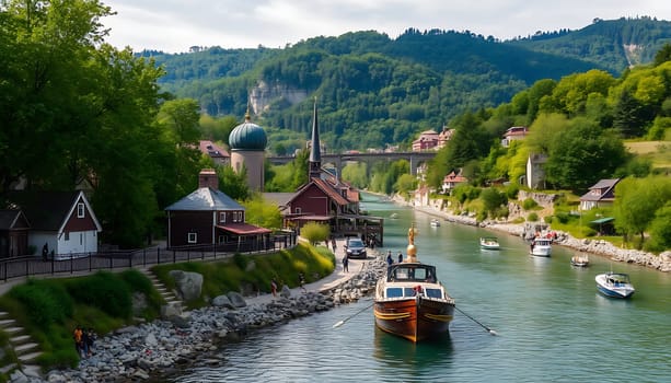 A picturesque view of a charming European village nestled along a serene river. The image showcases a wooden boat moored in the foreground, with a backdrop of quaint houses, a church, and a bridge. Lush greenery and mountains create a breathtaking landscape, perfect for illustrating travel, nature, and architecture concepts. Ideal for travel brochures, website banners, or marketing materials related to European tourism or riverside living.,