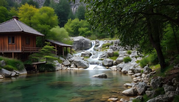 A serene image captures a wooden cabin nestled amidst a lush forest, with a cascading waterfall flowing into a tranquil pond. The cabin's rustic charm and the surrounding greenery create a sense of peace and seclusion. The image is perfect for depicting themes of relaxation, nature, and escape. It could be used in various applications, such as travel brochures, websites, and magazines.