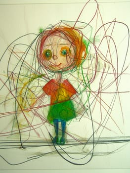 Whimsical childlike drawing of a smiling girl with colored pencils and crayon on white paper. Perfect for concepts like childhood, psychology, innocence, or creativity