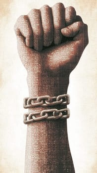 Powerful fist, adorned with intricate patterns, is breaking free from heavy chains, symbolizing the struggle for freedom and equality