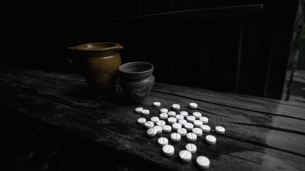 White pills are spilling from a bottle laying on its side on a dark wooden surface with two ceramic jars in the background