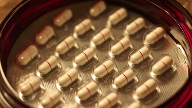 Various pills and tablets in a red container, including prescription drugs, painkillers, and vitamins, highlighting the pharmaceutical industry and healthcare