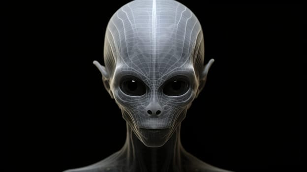 Detailed Illustration of a Curious Grey Alien with Large Eyes on a Mysterious Black Background.