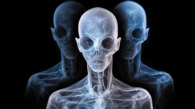 Mysterious Blue Alien X-Ray Hologram Displaying a Ghostly Figure in a Cosmic Background.