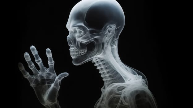 Detailed Lateral Side view X-ray Image of the Complete Human Skeleton Against a Black Background.