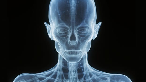 Detailed Blue X-Ray Scan of Human Head and Neck Anatomy in Anterior View with Visible Structures.