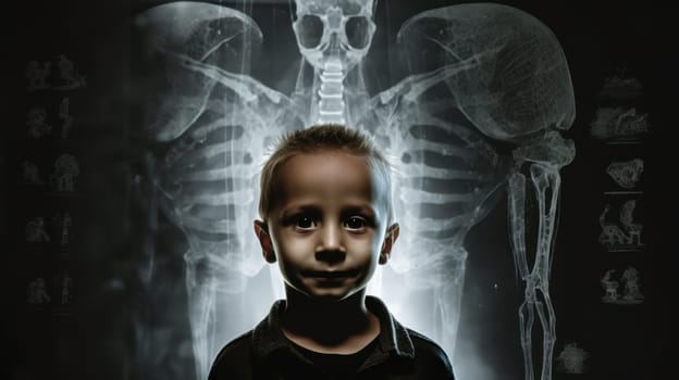 Little boy with x-ray image of his skeleton superimposed on his body.