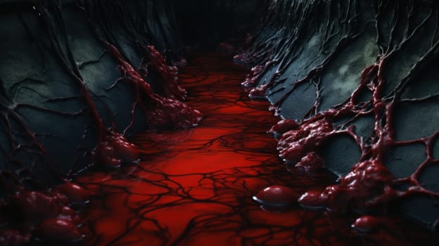 Red and black abstract organic structure resembling a vein or artery.
