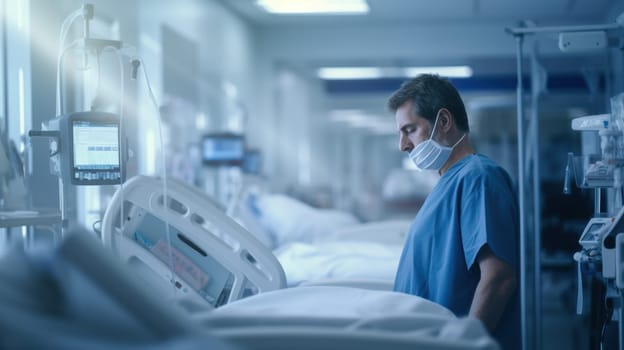 Thoughtful male doctor in a mask observing an empty hospital bed in a healthcare facility room.