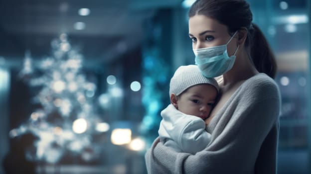 Young mother wearing a protective mask while embracing her baby by a window during Christmas season.