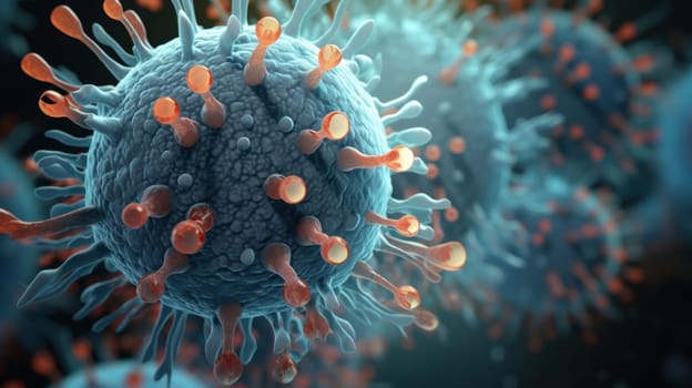 3D Rendering of a Blue Virus Cell with Spiky Outer Shell on a Blue Background for Medical Use.