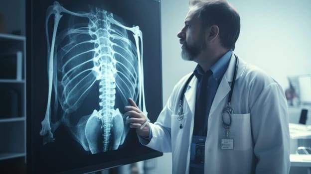 Experienced Male Doctor in White Coat Analyzing Patients Spine X-Ray for Accurate Diagnosis.