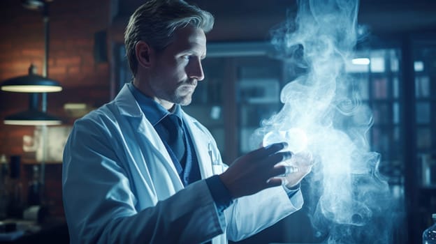 Scientist conducting experiments with glowing blue chemicals in a modern laboratory setting