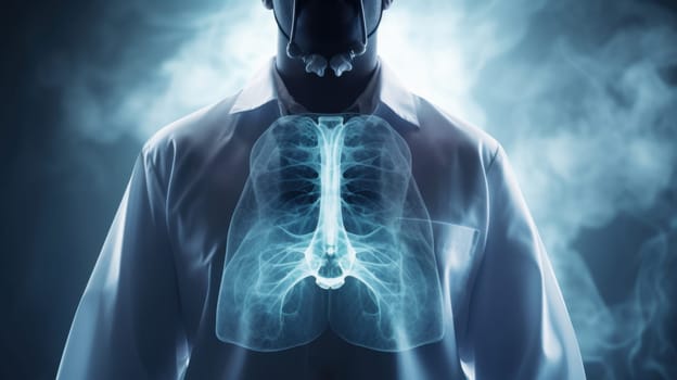 Dedicated Doctor in a Gas Mask Examining X-ray of Lungs Displayed on His Chest for Health Assessment.