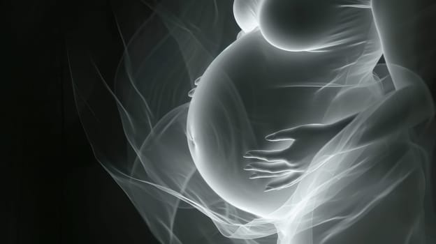 Glowing pregnant woman holding her belly with one hand on black background.