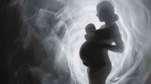 Pregnant woman holding her baby and belly with a happy face on a white background.