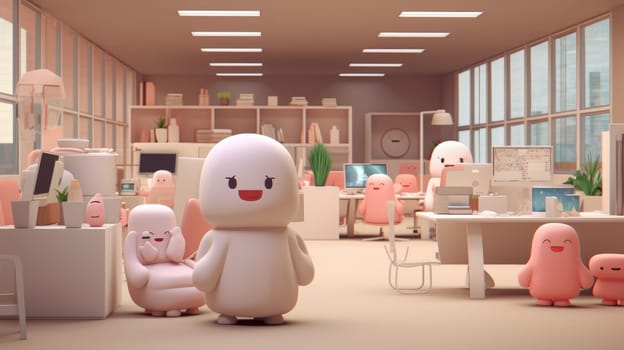 A vibrant illustration featuring a diverse group of blob characters with cheerful expressions collaborating in a modern office setting, surrounded by colorful furniture, technology, and plants.