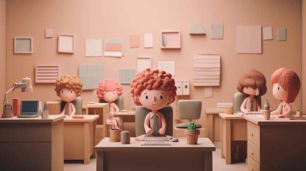 A diverse group of cheerful employees collaborating in a bright, airy office space filled with natural light and colorful decorations, showcasing teamwork and enjoyment in their work.