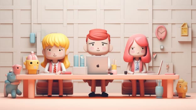 Three diverse coworkers collaborate at a desk in a modern office, smiling and engaging with one another. A laptop and office supplies enhance the creative and positive workspace atmosphere.