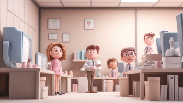 This image shows a group of coworkers in a modern pink office space. They are looking at something off-camera. The image is perfect for illustrating teamwork, office culture, or a startup company.