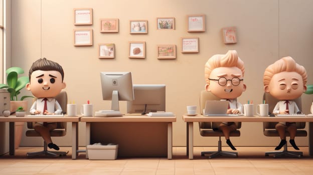The image shows three businessmen working at their office desks. They are all wearing casual clothing and look relaxed. The office is decorated with pictures and plants.