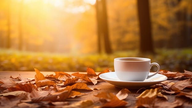 The image shows a white coffee cup on a rustic wooden table, surrounded by colorful autumn leaves. A blurred forest with warm hues serves as a serene backdrop, creating a cozy atmosphere.