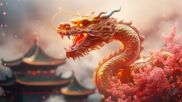 A majestic golden Chinese dragon stands tall with its mouth open wide, surrounded by vibrant peach blossom flowers, with an ornate temple in the background, symbolizing prosperity and good fortune.