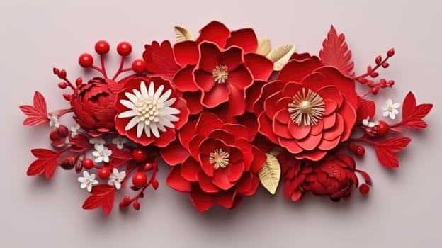 These vibrant red paper flowers are set against a solid pastel pink background, perfect for enhancing your website, social media pages, wallpapers, and a variety of creative projects and designs.