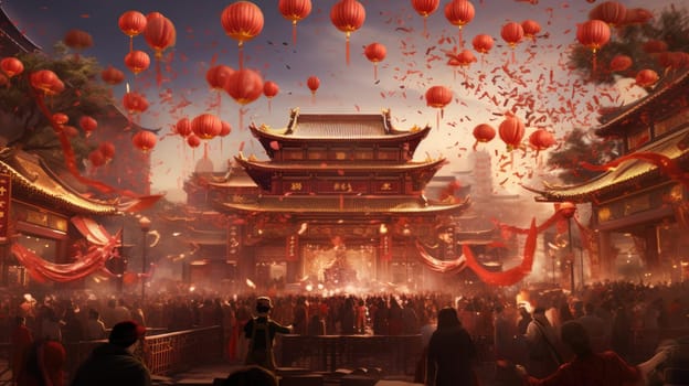 A vibrant crowd celebrates Chinese New Year in a temple courtyard adorned with red lanterns and banners. Traditional clothing adds to the festive atmosphere and excitement.
