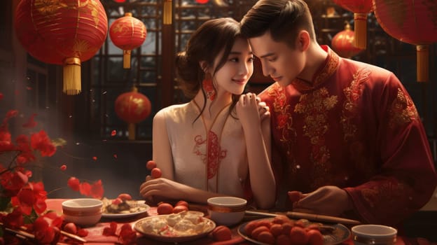 A young Chinese couple sits at a table with traditional food. The woman in a red cheongsam smiles at the man in black, who gazes back at her with love and admiration.