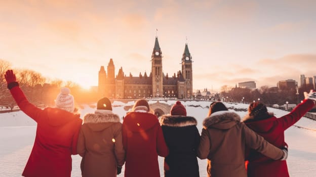 Happy Canadian wearing winter clothes celebrating Christmas holiday at Parliament Hill. People having fun hanging out together walking on city street. Winter holidays and relationship concept.