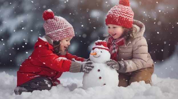 Kids building snow man playing outdoors on sunny snowy winter day. Outdoor family fun on Christmas vacation