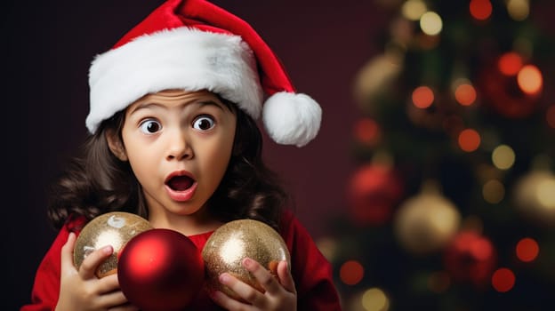 Surprised little girl in Santa Claus hat holding gift box. Christmas holidays. Boxing Day shopping. Holiday shopping.