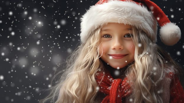 Cute little girl wearing red Santa hat and smiling. Christmas and New Year concept. Copy space