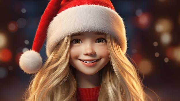 Cute little girl wearing red Santa hat and smiling. Christmas and New Year concept. Copy space