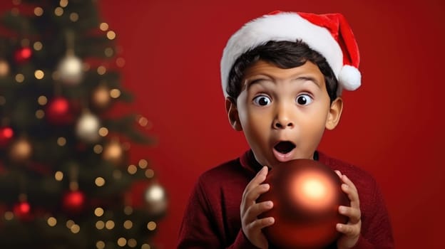 Surprised little boy in Santa Claus hat holding gift box. Christmas holidays. Boxing Day shopping. Holiday shopping.