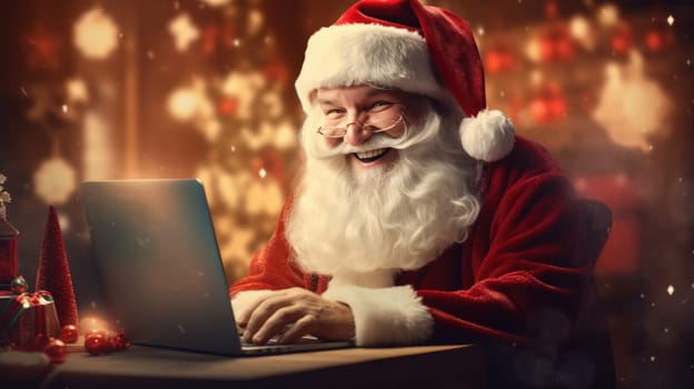 Happy old Santa Claus using laptop computer at home late on Christmas eve. Ecommerce website Boxing Day time holiday online shopping e commerce sale