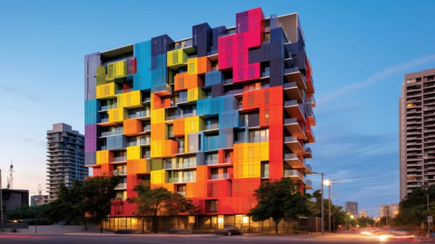 This image features a vibrant apartment building with a striking geometric design, showcasing bright colors and unique patterns that enhance its modern architectural appeal.