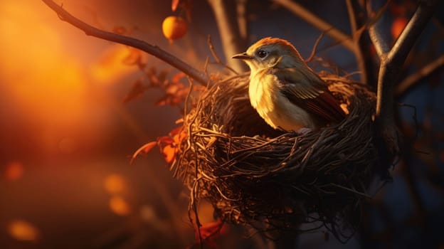 A small bird rests comfortably in its nest, nestled on a tree branch. The soft, warm background creates a serene atmosphere, highlighting the beauty and tranquility of nature in this peaceful moment.