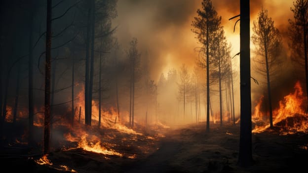 A fierce wildfire engulfs a dense forest of towering pine trees, sending plumes of thick smoke into the sky. Firefighters bravely combat the flames, risking their lives to protect the environment.