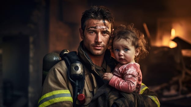 A brave firefighter, clad in protective gear, heroically carries a crying toddler from the flames of a burning building. The scene captures the emotion and urgency of the rescue effort.