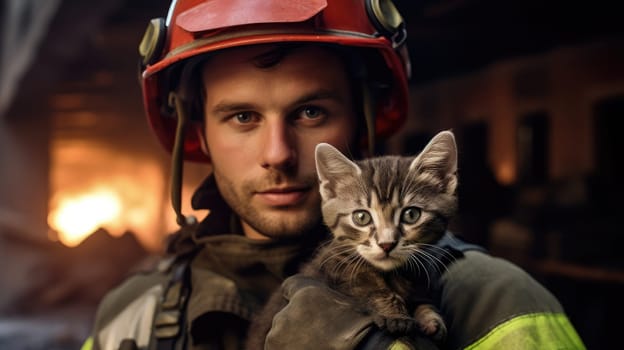 A brave firefighter holds a tiny kitten in his arms after rescuing it from a burning building. The kitten is scared but unharmed, and the firefighter is smiling with relief.