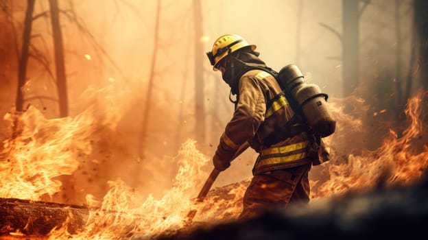 Firefighter in protective gear wielding a Pulaski axe to fight a forest fire, showcasing bravery and dedication in preserving the environment and ensuring public safety in the face of wildfires.