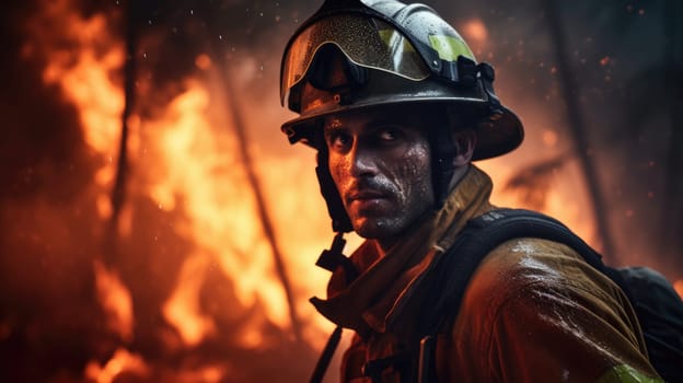 A brave firefighter, in protective gear, faces a raging forest fire. His dedication to protecting the environment and local community shines through as he battles the fierce flames.