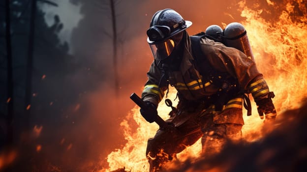 A brave firefighter in full gear battles a raging forest fire, risking his life to save lives and property. Firefighters show courage and dedication in protecting others.